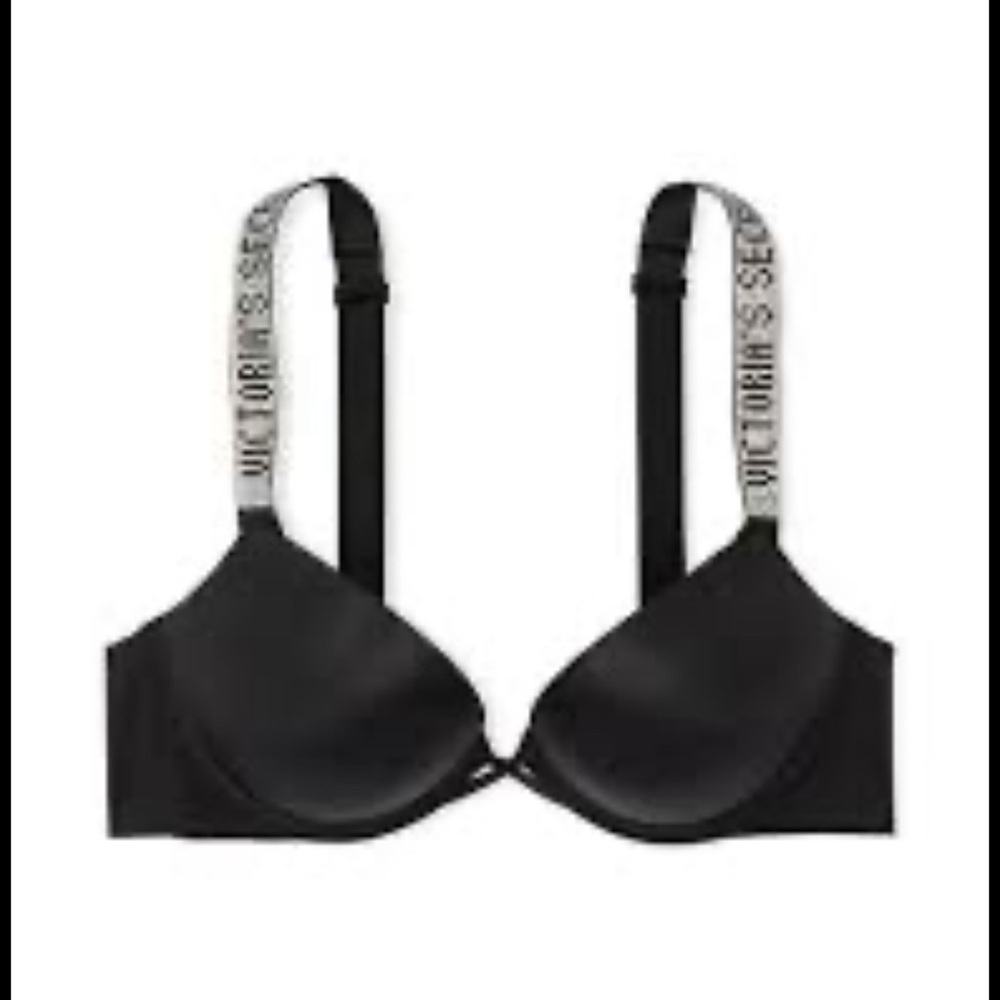 Victorias Secret Bombshell Black Logo Shine Strap Add-2-Cups Push-Up Bra 34C